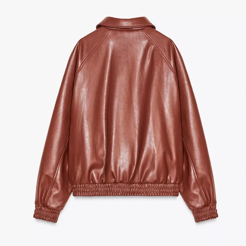 Zara Women's Brown Faux‎ Leather Bomber Jacket Size Small